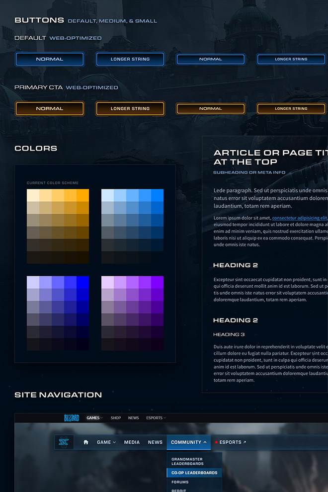Several StarCraft-themed components, including buttons, color schemes, and navigation