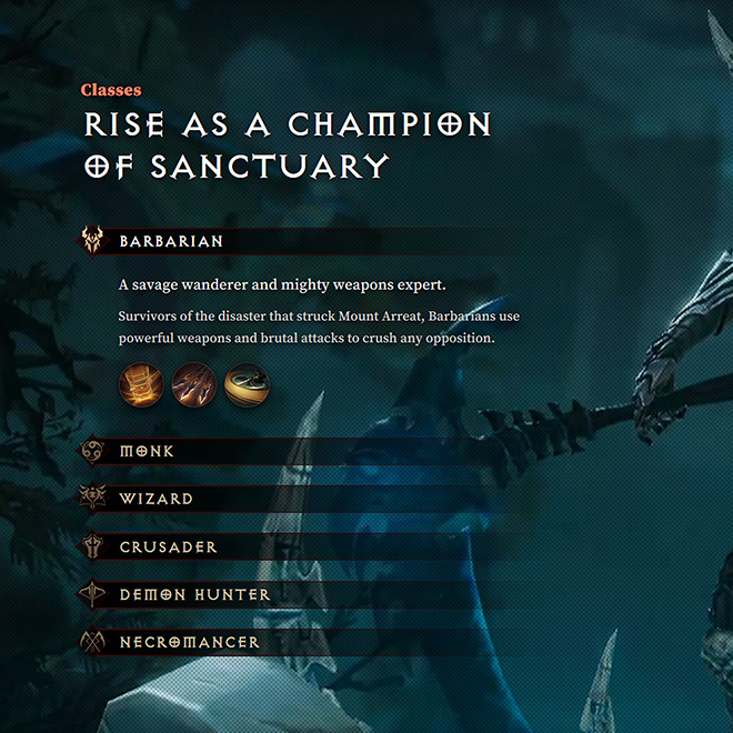 Playable classes: Barbarian, Monk, Wizard, Crusader, Demon Hunter, and Necromancer
