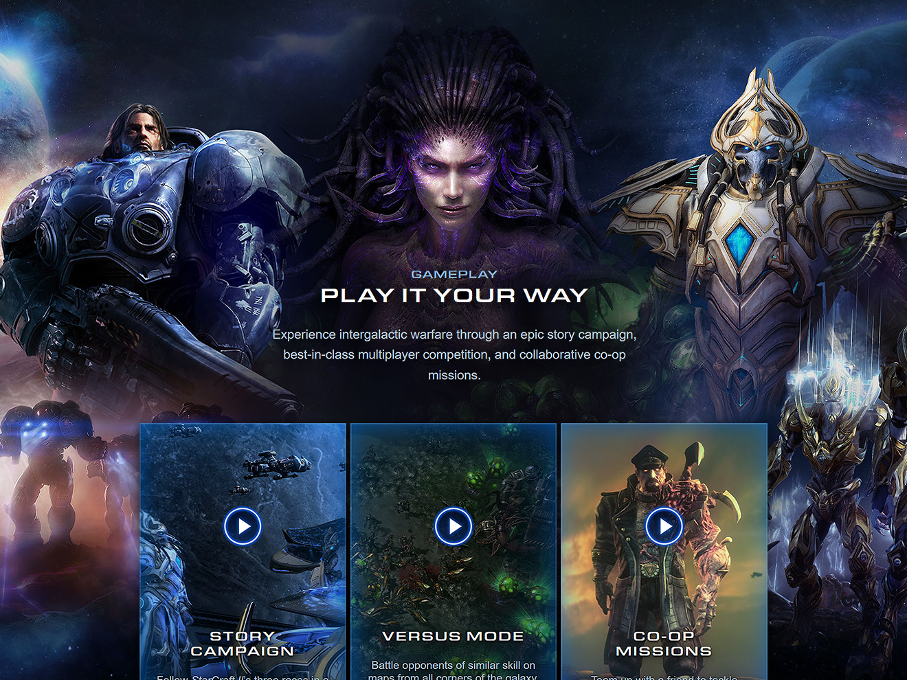 Homepage art, showing Jim Raynor, Sarah Kerrigan, and Artanis